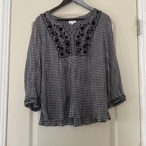 J. Jill Checkered V-Neck Blouse with Flower Embroidery Women’s Size L Petite